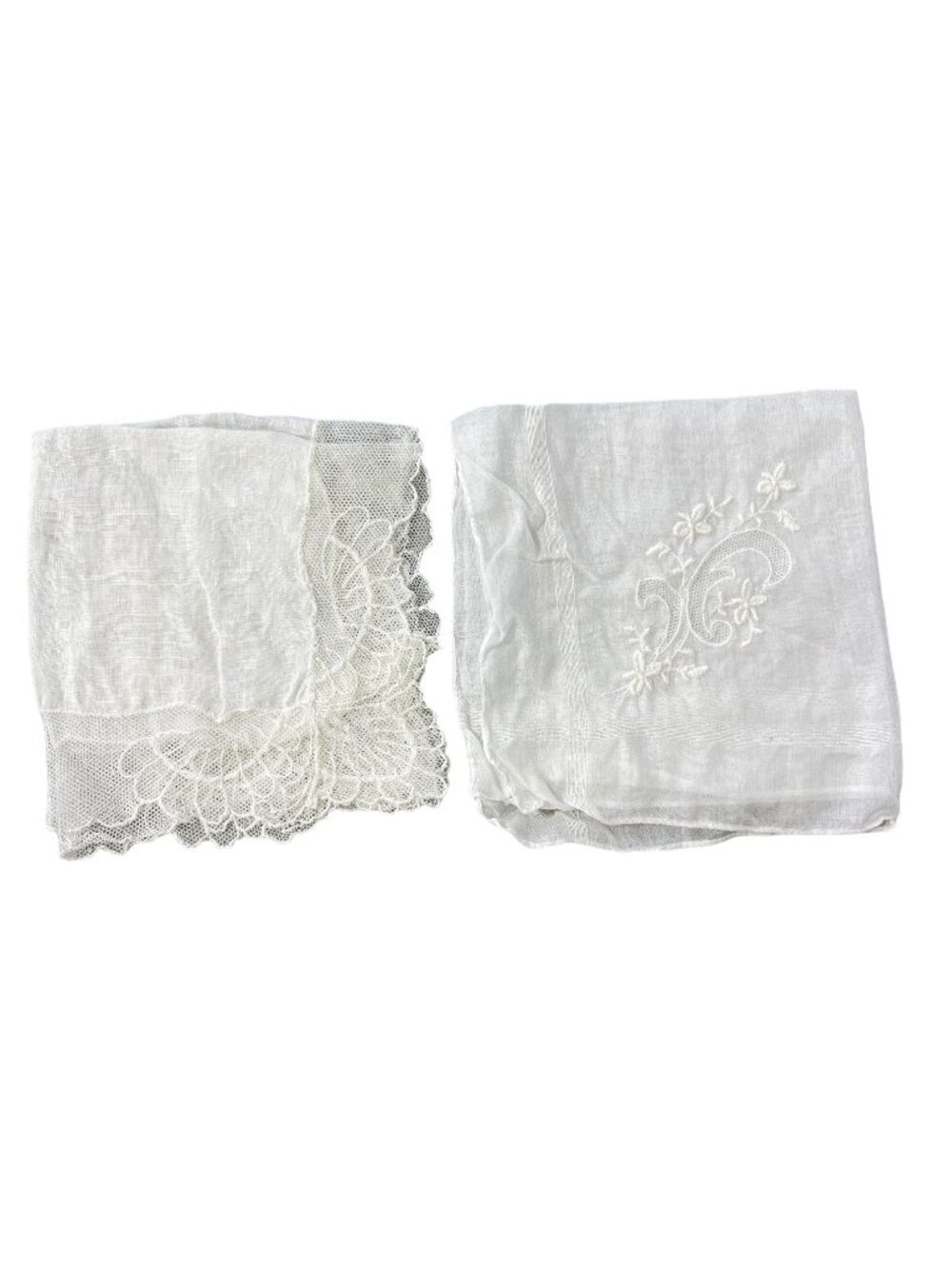 Vintage Handkerchief Lot of 2 Scarf Floral Embroidered Mesh White Lightweight